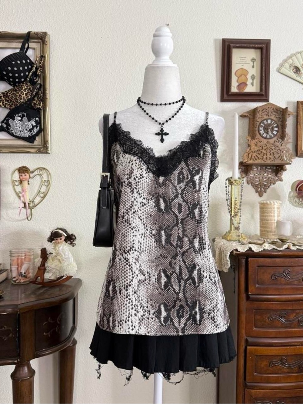 Girly grunge snakeskin print lace trim cami